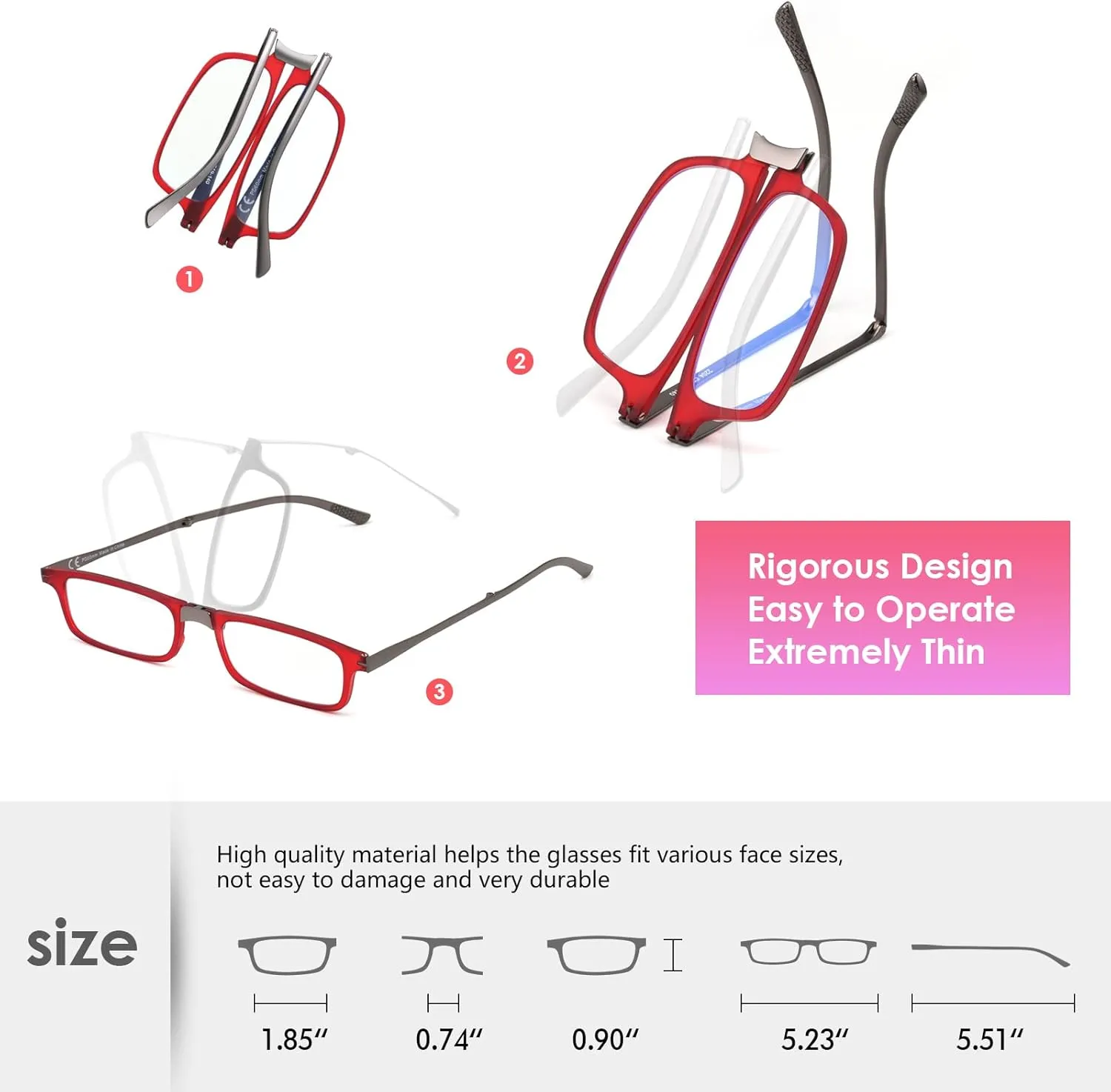 Evolved Folding Reading Glasses For Women Men Blue Light Blocking Anti UV Eyestrain Foldable Portable Compact Readers with Flat Hard Case Pocket Computer glasses 1.0 RED