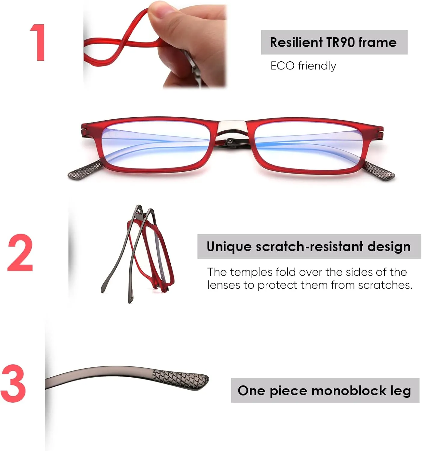 Evolved Folding Reading Glasses For Women Men Blue Light Blocking Anti UV Eyestrain Foldable Portable Compact Readers with Flat Hard Case Pocket Computer glasses 1.0 RED