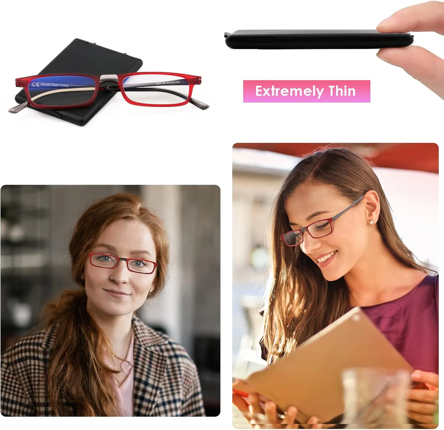 Evolved Folding Reading Glasses For Women Men Blue Light Blocking Anti UV Eyestrain Foldable Portable Compact Readers with Flat Hard Case Pocket Computer glasses 1.0 RED