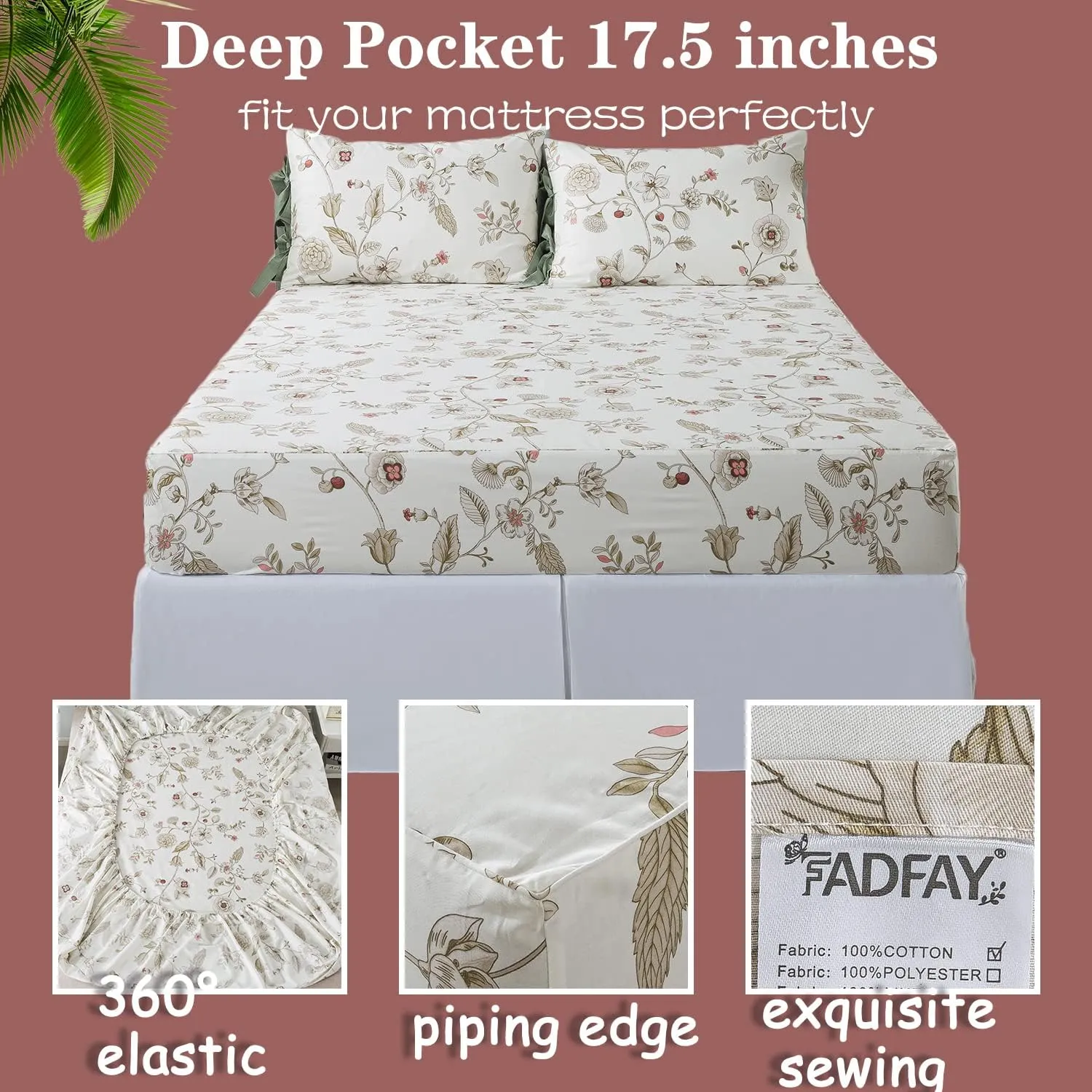 FADFAY California King Sheet Sets Premium Percale Cotton Beige Floral Bed Sheet Shabby Vintage Chic Bedding Pink Flower Patterned Bowknot Design Soft Crisp Breathable Deep Pocket Fitted Sheets 4Pcs