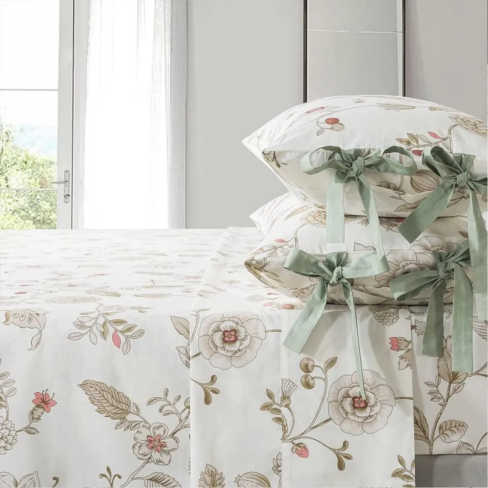 FADFAY California King Sheet Sets Premium Percale Cotton Beige Floral Bed Sheet Shabby Vintage Chic Bedding Pink Flower Patterned Bowknot Design Soft Crisp Breathable Deep Pocket Fitted Sheets 4Pcs
