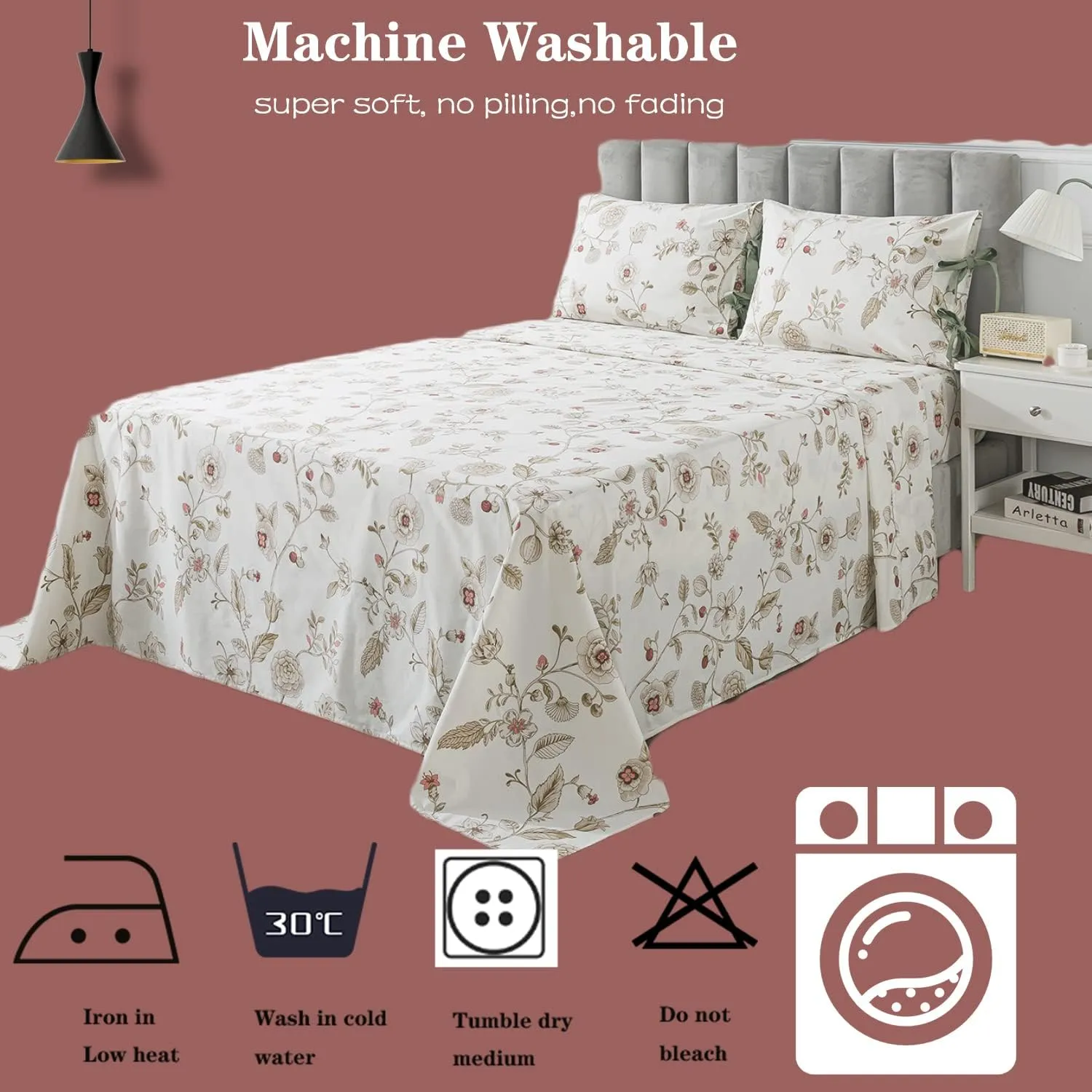 FADFAY California King Sheet Sets Premium Percale Cotton Beige Floral Bed Sheet Shabby Vintage Chic Bedding Pink Flower Patterned Bowknot Design Soft Crisp Breathable Deep Pocket Fitted Sheets 4Pcs