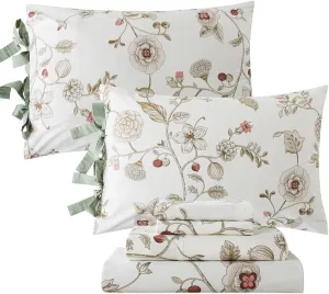 FADFAY California King Sheet Sets Premium Percale Cotton Beige Floral Bed Sheet Shabby Vintage Chic Bedding Pink Flower Patterned Bowknot Design Soft Crisp Breathable Deep Pocket Fitted Sheets 4Pcs