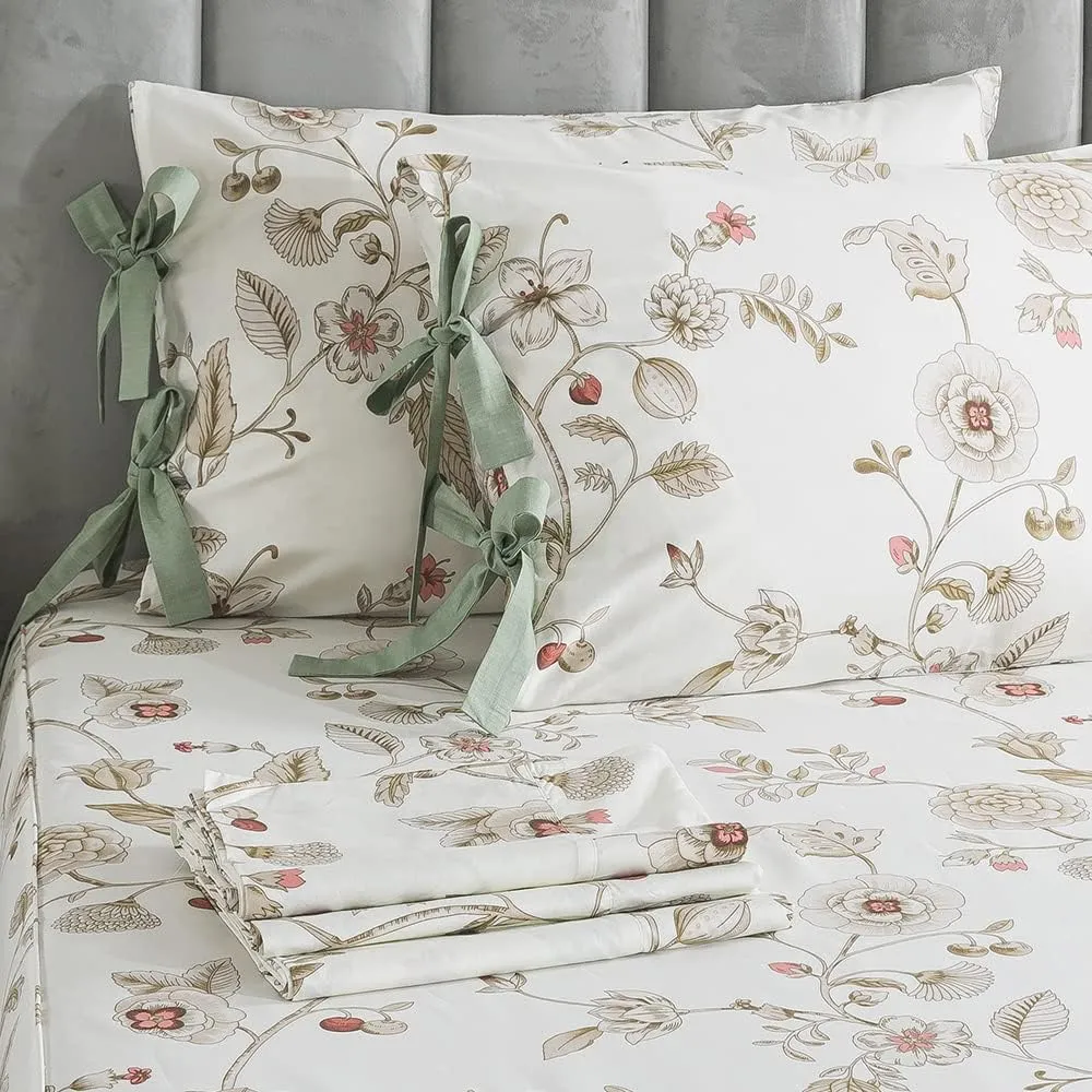 FADFAY California King Sheet Sets Premium Percale Cotton Beige Floral Bed Sheet Shabby Vintage Chic Bedding Pink Flower Patterned Bowknot Design Soft Crisp Breathable Deep Pocket Fitted Sheets 4Pcs
