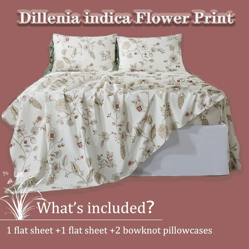 FADFAY California King Sheet Sets Premium Percale Cotton Beige Floral Bed Sheet Shabby Vintage Chic Bedding Pink Flower Patterned Bowknot Design Soft Crisp Breathable Deep Pocket Fitted Sheets 4Pcs