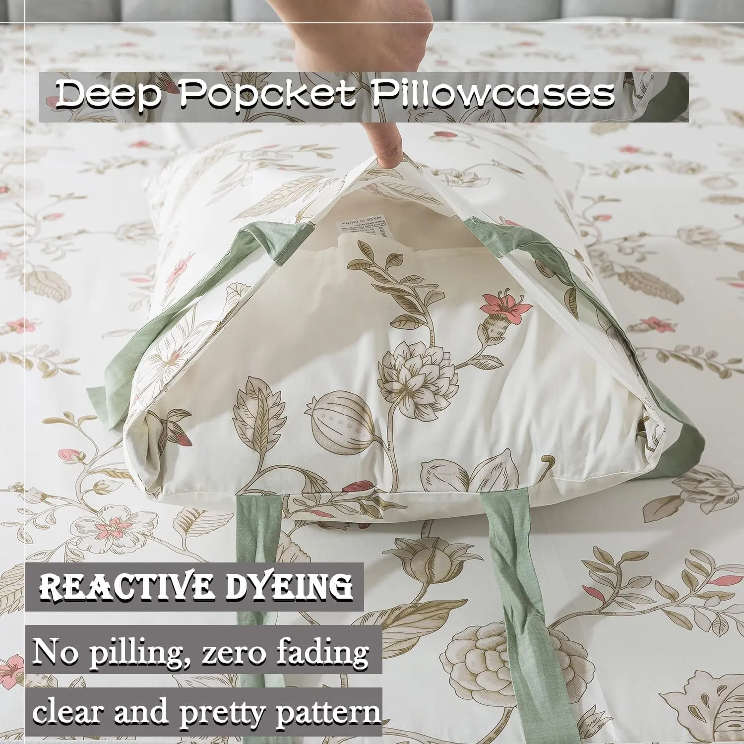 FADFAY California King Sheet Sets Premium Percale Cotton Beige Floral Bed Sheet Shabby Vintage Chic Bedding Pink Flower Patterned Bowknot Design Soft Crisp Breathable Deep Pocket Fitted Sheets 4Pcs