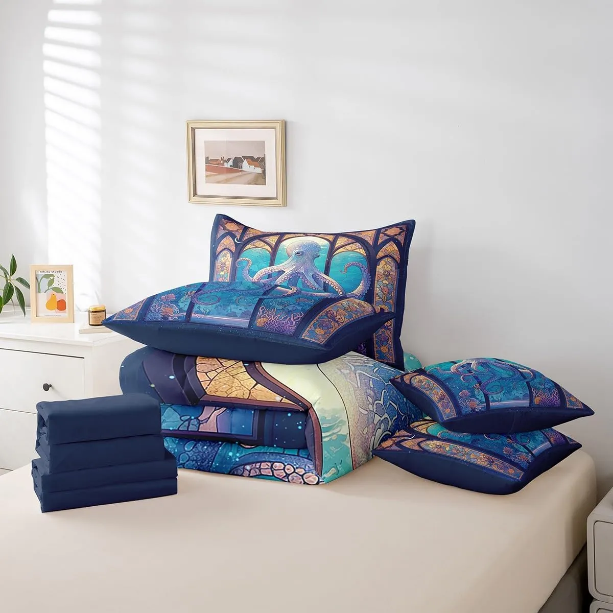 Feelyou Octopus 7 Pieces Comforter Sets Boys Girls Full Size Ocean Kraken Bedding Set for All Season for Kids Women Men Tentacles Bed in a Bag with Comforter, Sheets, Pillowcases & Cushion Cover