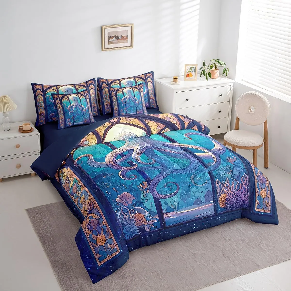Feelyou Octopus 7 Pieces Comforter Sets Boys Girls Full Size Ocean Kraken Bedding Set for All Season for Kids Women Men Tentacles Bed in a Bag with Comforter, Sheets, Pillowcases & Cushion Cover