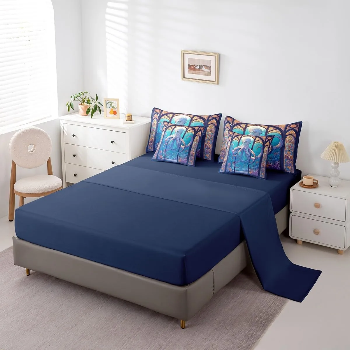 Feelyou Octopus 7 Pieces Comforter Sets Boys Girls Full Size Ocean Kraken Bedding Set for All Season for Kids Women Men Tentacles Bed in a Bag with Comforter, Sheets, Pillowcases & Cushion Cover