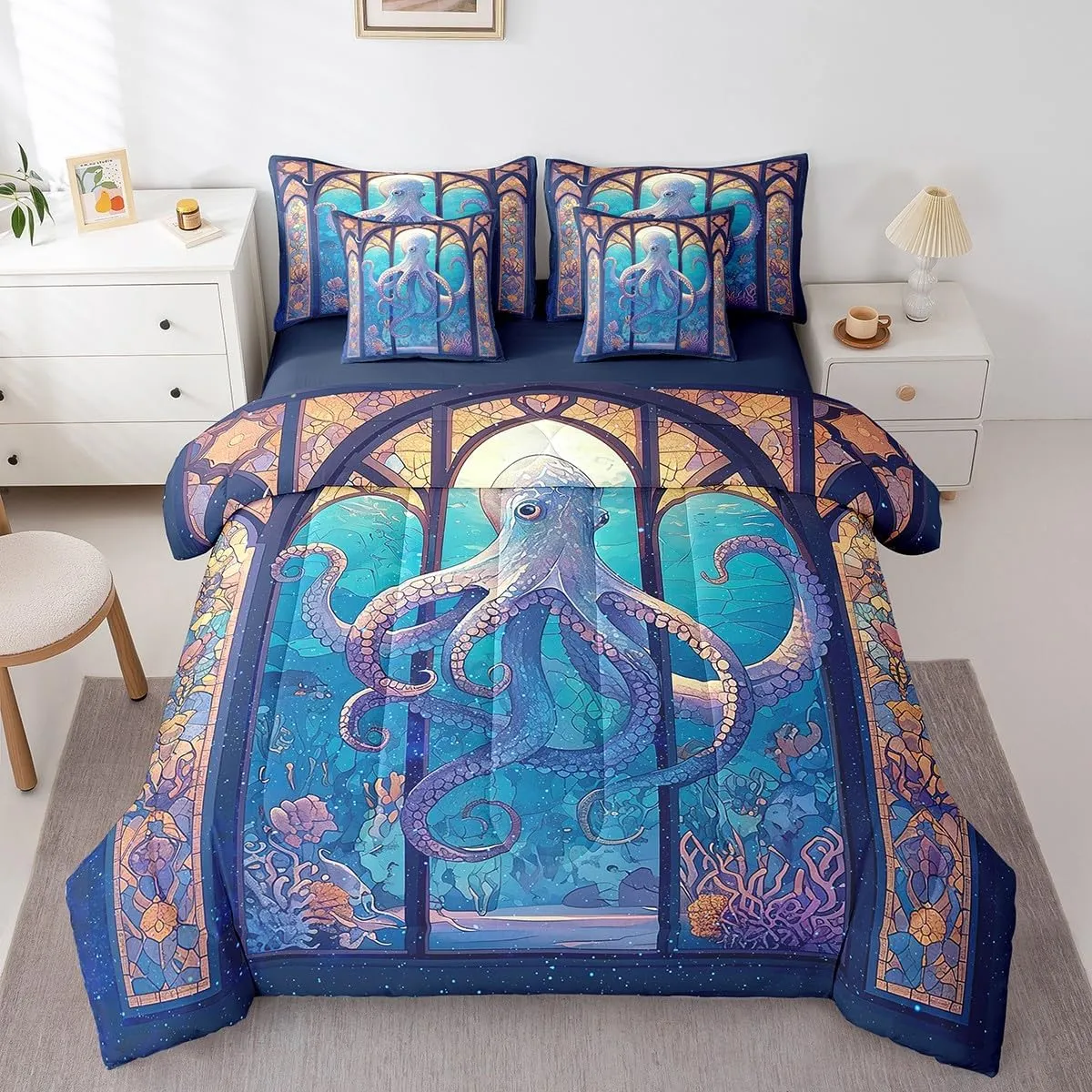 Feelyou Octopus 7 Pieces Comforter Sets Boys Girls Full Size Ocean Kraken Bedding Set for All Season for Kids Women Men Tentacles Bed in a Bag with Comforter, Sheets, Pillowcases & Cushion Cover