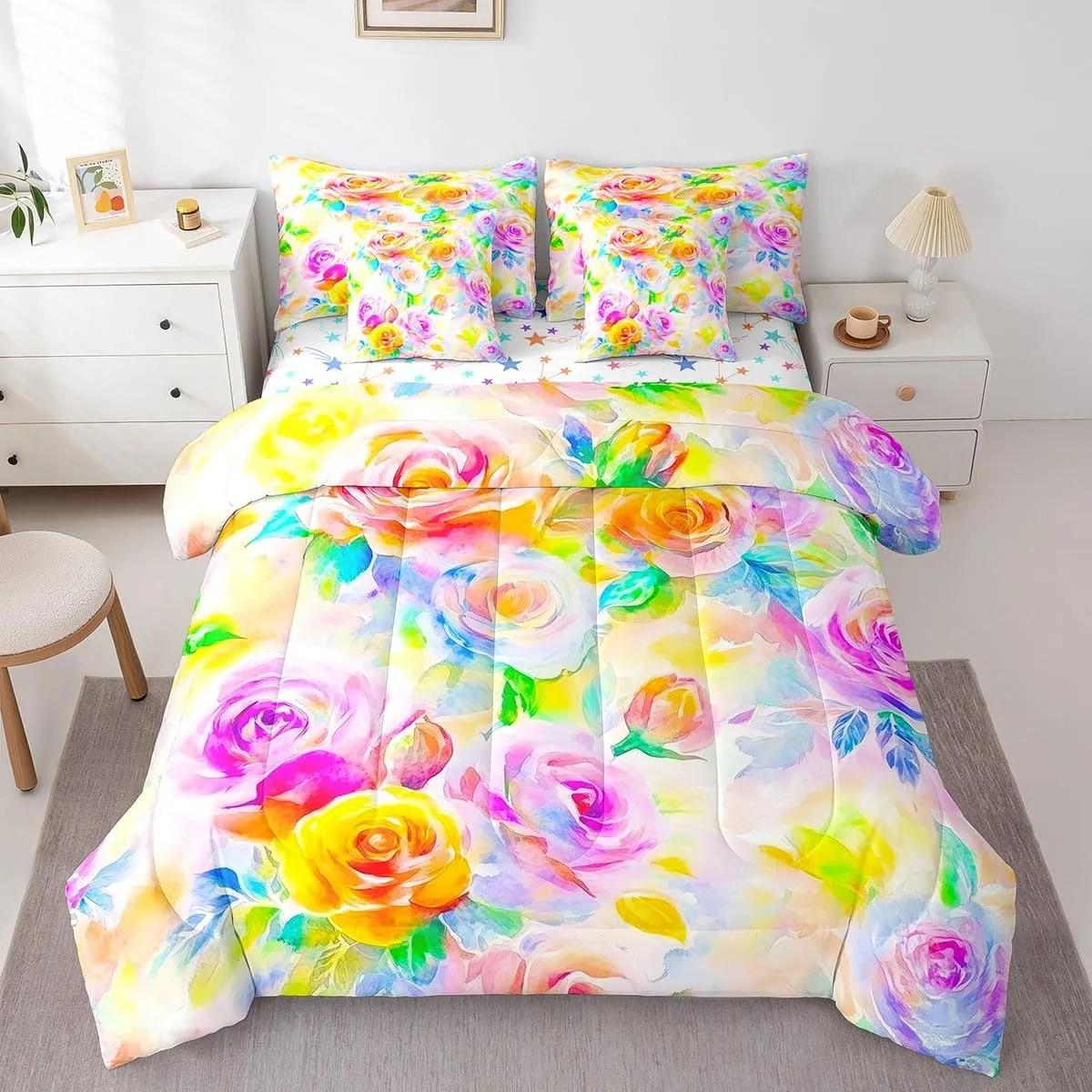 Feelyou Rose Flower 7 Piece Bedding Set Girls Women Like Full Size Yellow Purple Flower Comforter Set with Sheets for Adult Garden Flower Bed in a Bag Pretty Botanical Bed Set