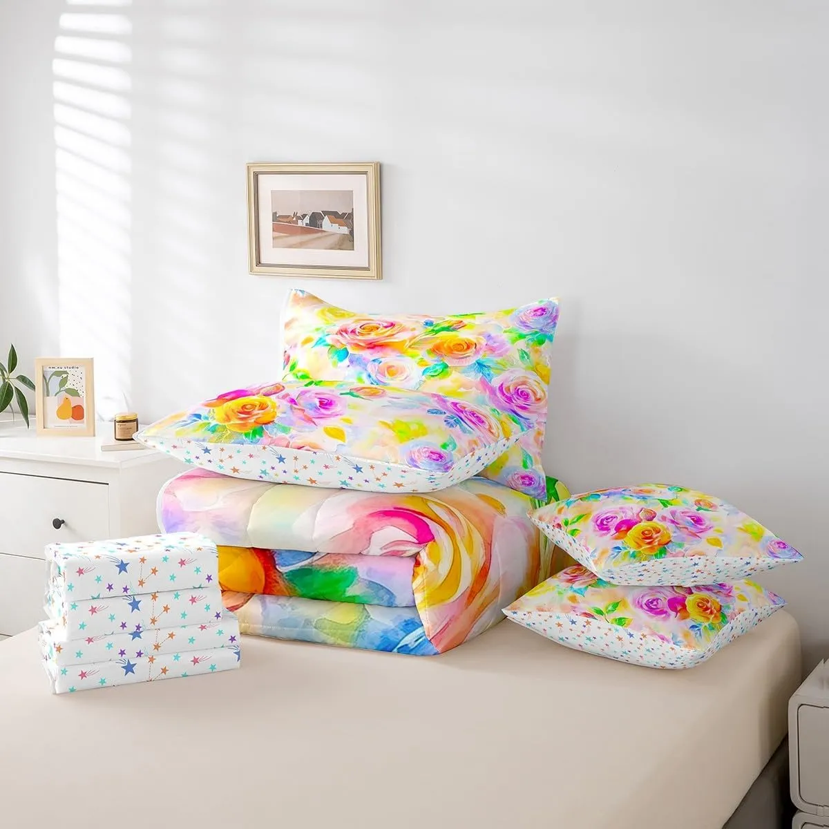 Feelyou Rose Flower 7 Piece Bedding Set Girls Women Like Full Size Yellow Purple Flower Comforter Set with Sheets for Adult Garden Flower Bed in a Bag Pretty Botanical Bed Set