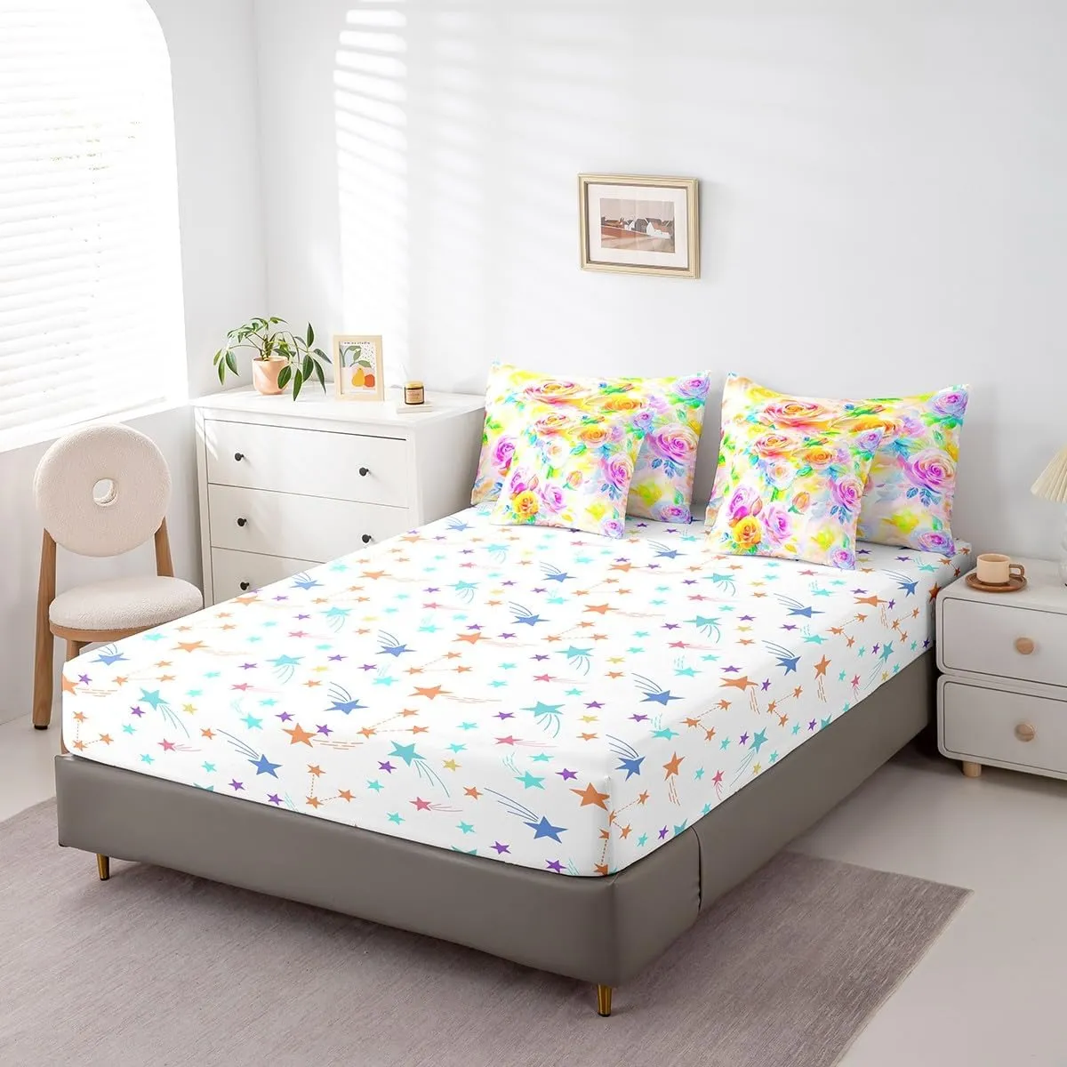 Feelyou Rose Flower 7 Piece Bedding Set Girls Women Like Full Size Yellow Purple Flower Comforter Set with Sheets for Adult Garden Flower Bed in a Bag Pretty Botanical Bed Set