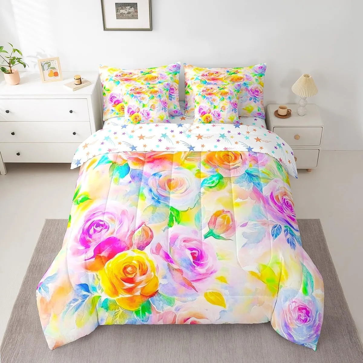 Feelyou Rose Flower 7 Piece Bedding Set Girls Women Like Full Size Yellow Purple Flower Comforter Set with Sheets for Adult Garden Flower Bed in a Bag Pretty Botanical Bed Set