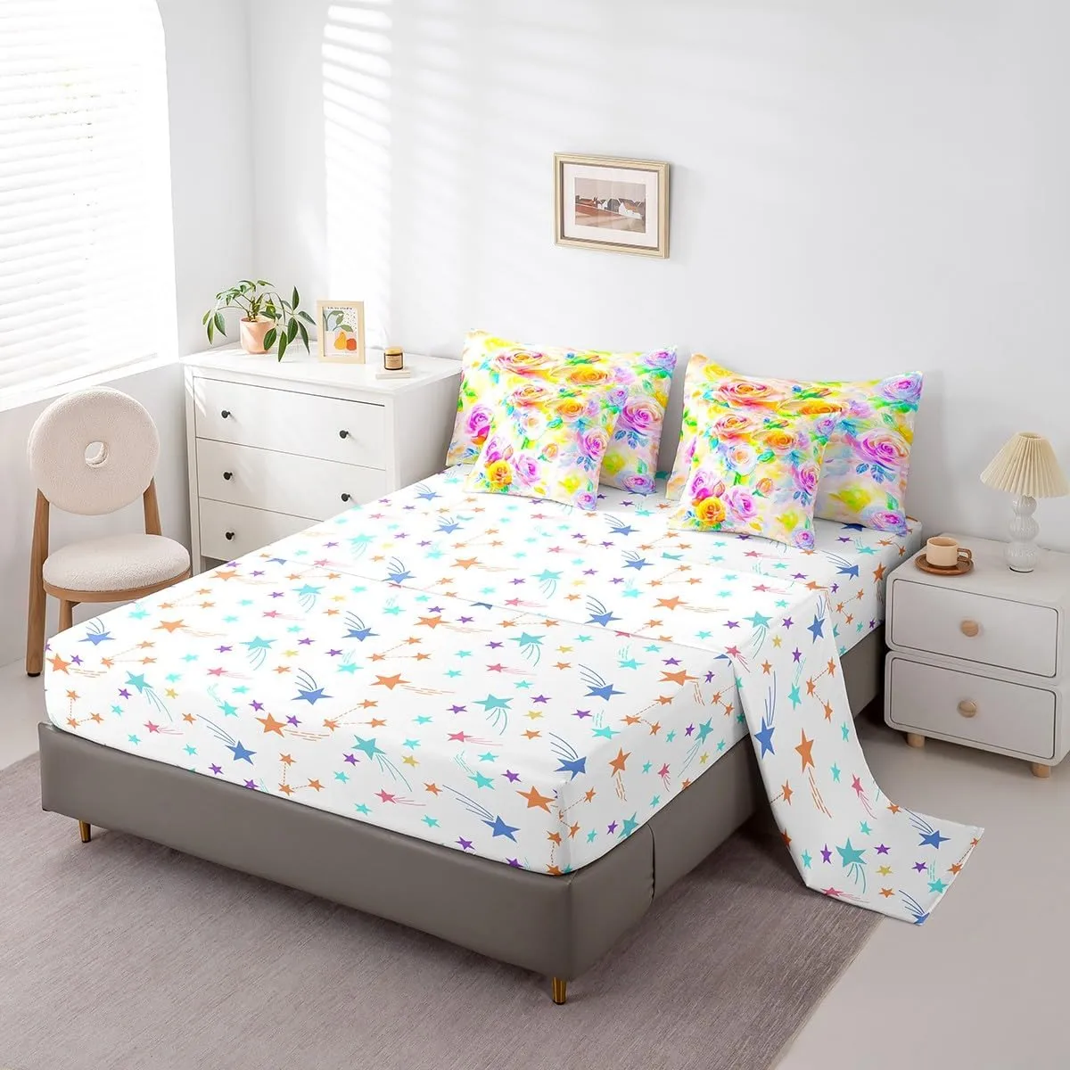 Feelyou Rose Flower 7 Piece Bedding Set Girls Women Like Full Size Yellow Purple Flower Comforter Set with Sheets for Adult Garden Flower Bed in a Bag Pretty Botanical Bed Set