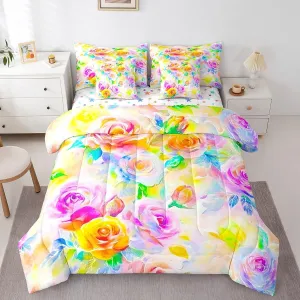 Feelyou Rose Flower 7 Piece Bedding Set Girls Women Like Full Size Yellow Purple Flower Comforter Set with Sheets for Adult Garden Flower Bed in a Bag Pretty Botanical Bed Set