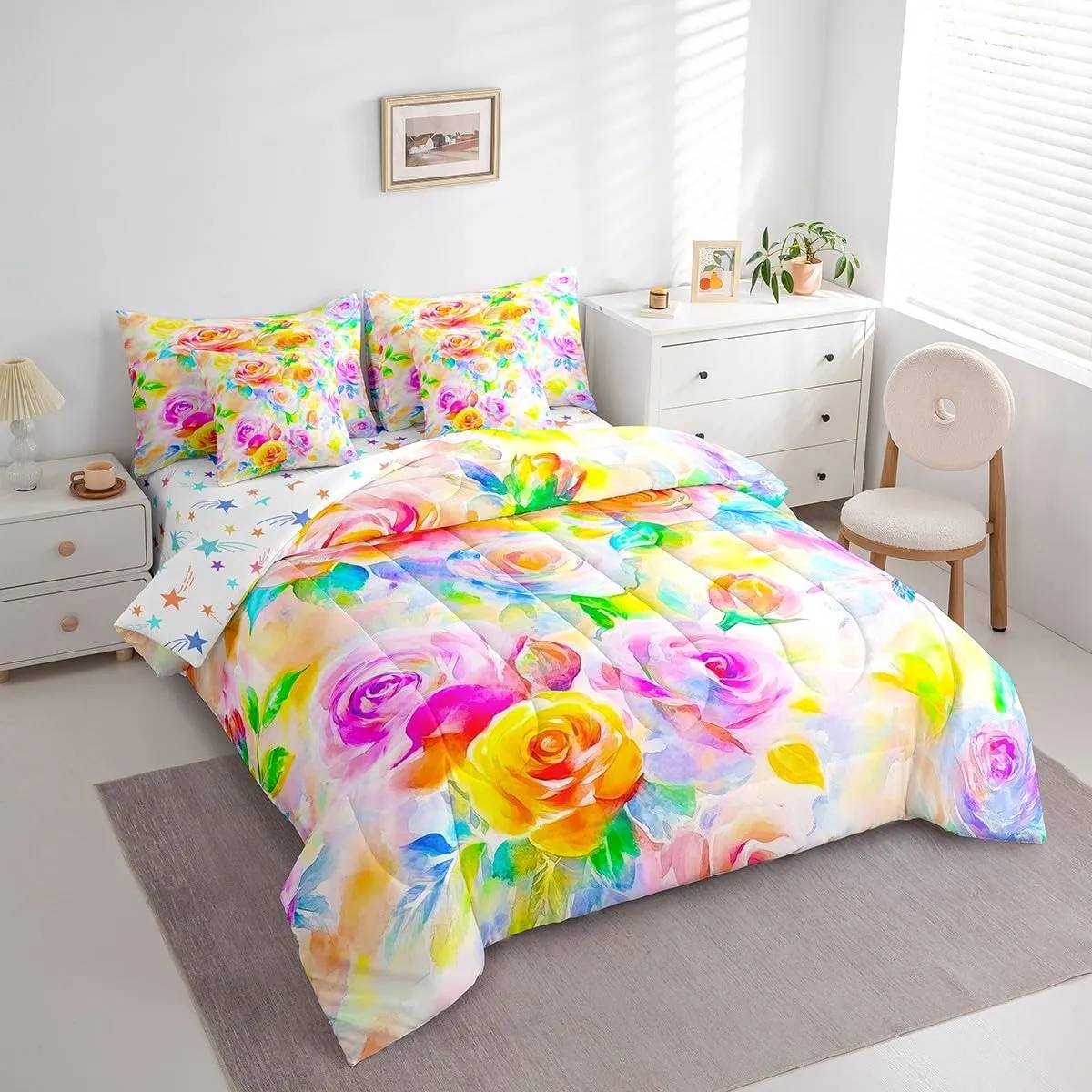 Feelyou Rose Flower 7 Piece Bedding Set Girls Women Like Full Size Yellow Purple Flower Comforter Set with Sheets for Adult Garden Flower Bed in a Bag Pretty Botanical Bed Set