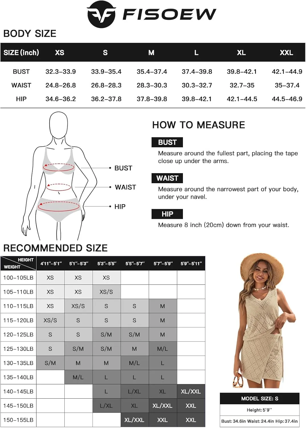 Fisoew Womens 2 Piece Crochet Swimsuit Cover Ups Sleeveless V Neck Tank Tops Wrap Skirt Sets Beach Vacation Outfits