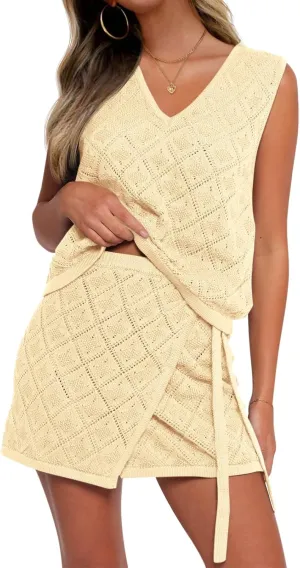Fisoew Womens 2 Piece Crochet Swimsuit Cover Ups Sleeveless V Neck Tank Tops Wrap Skirt Sets Beach Vacation Outfits