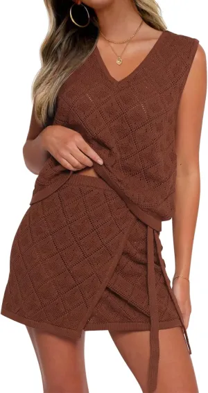 Fisoew Womens 2 Piece Crochet Swimsuit Cover Ups Sleeveless V Neck Tank Tops Wrap Skirt Sets Beach Vacation Outfits