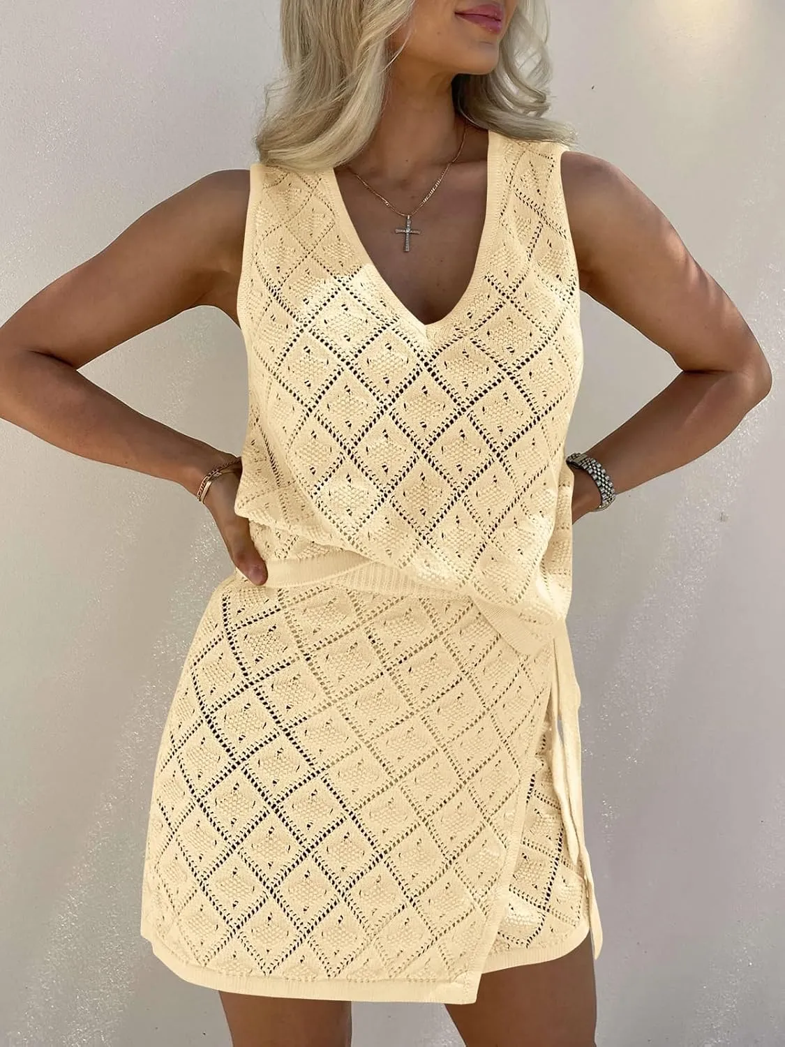 Fisoew Womens 2 Piece Crochet Swimsuit Cover Ups Sleeveless V Neck Tank Tops Wrap Skirt Sets Beach Vacation Outfits