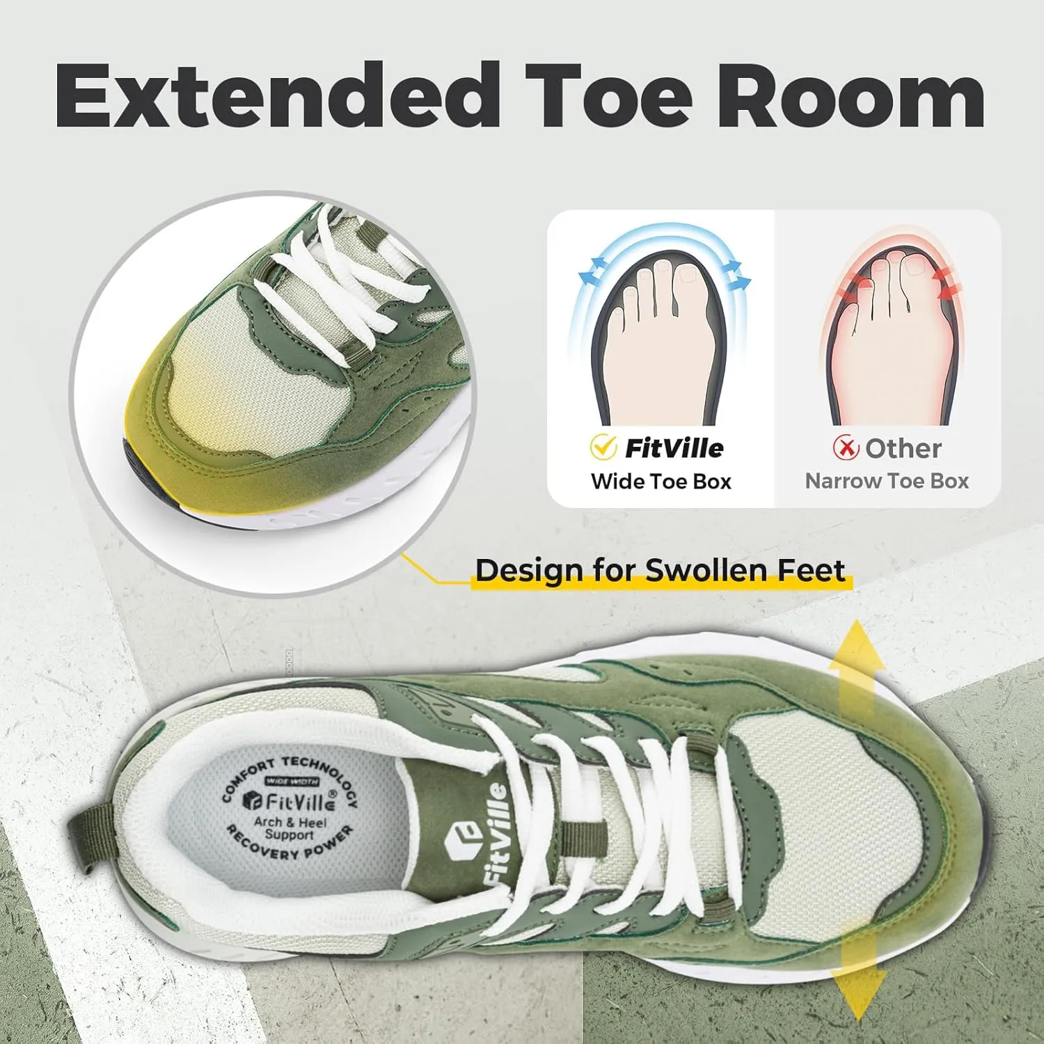 FitVille Extra Wide Walking Shoes Women Wide Width Workout Sneakers with Arch Support for Flat Feet Heel Pain Relief - Rebound Core V9