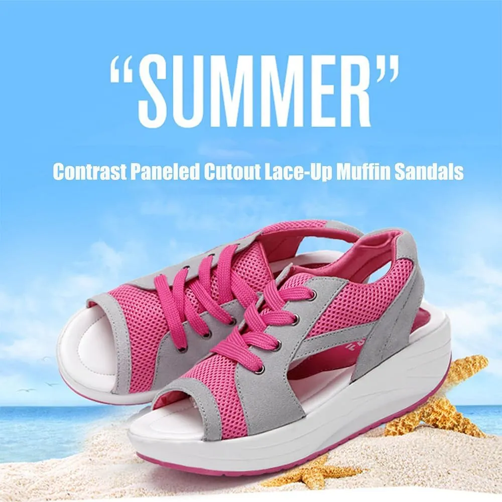 Flair Gifts Sandals, Contrast Paneled Cutout Lace-Up Muffin Sandals for Women, Causal Platform Summer
