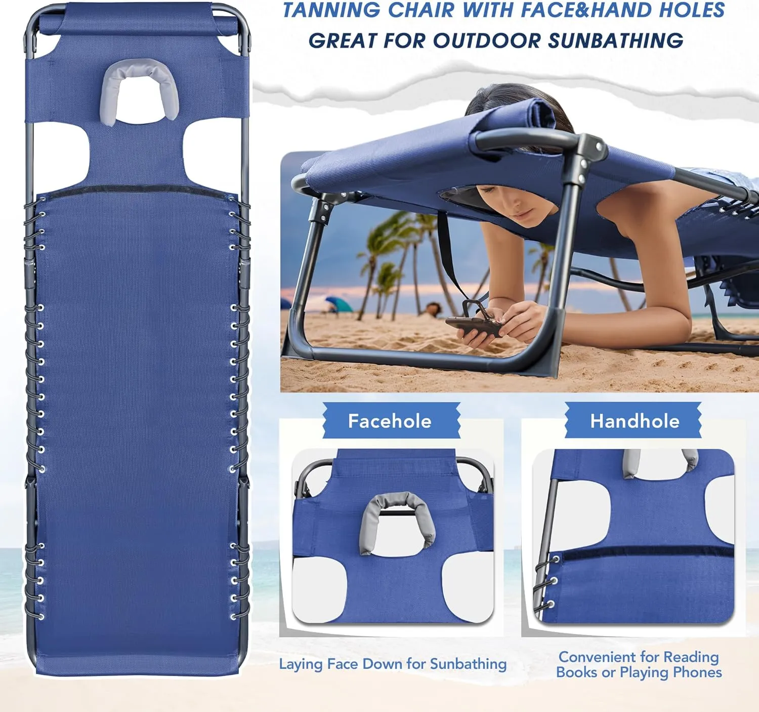 Flamaker Face Down Chaise Lounge Chair 5-Position Adjustable Sunbathing, Foldable Tanning Chair with Face& Arm Holes, Outdoor Recliner for Pool, Beach, Patio, Lawn (Blue, 1 Pcs)