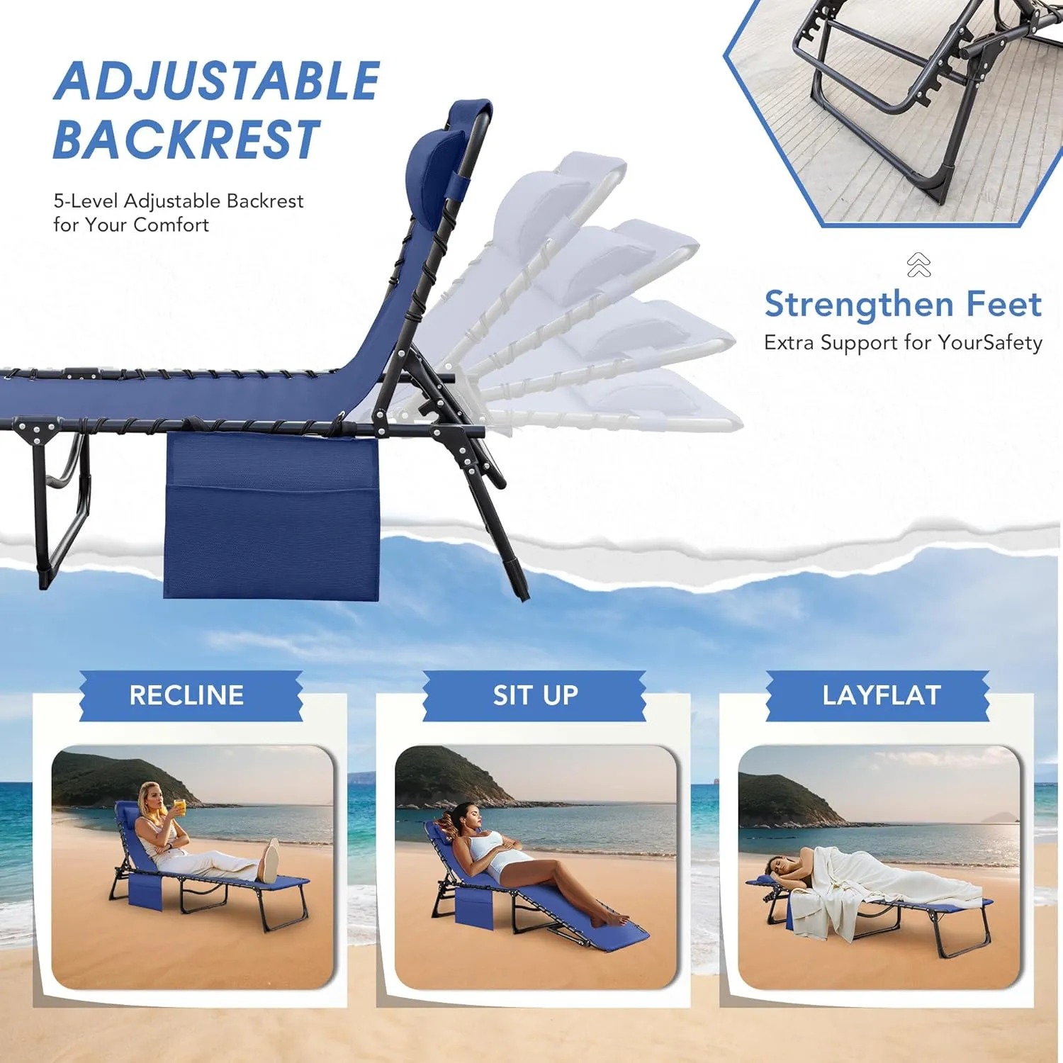 Flamaker Face Down Chaise Lounge Chair 5-Position Adjustable Sunbathing, Foldable Tanning Chair with Face& Arm Holes, Outdoor Recliner for Pool, Beach, Patio, Lawn (Blue, 1 Pcs)