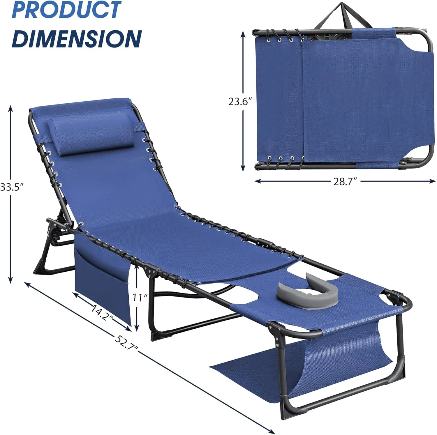 Flamaker Face Down Chaise Lounge Chair 5-Position Adjustable Sunbathing, Foldable Tanning Chair with Face& Arm Holes, Outdoor Recliner for Pool, Beach, Patio, Lawn (Blue, 1 Pcs)