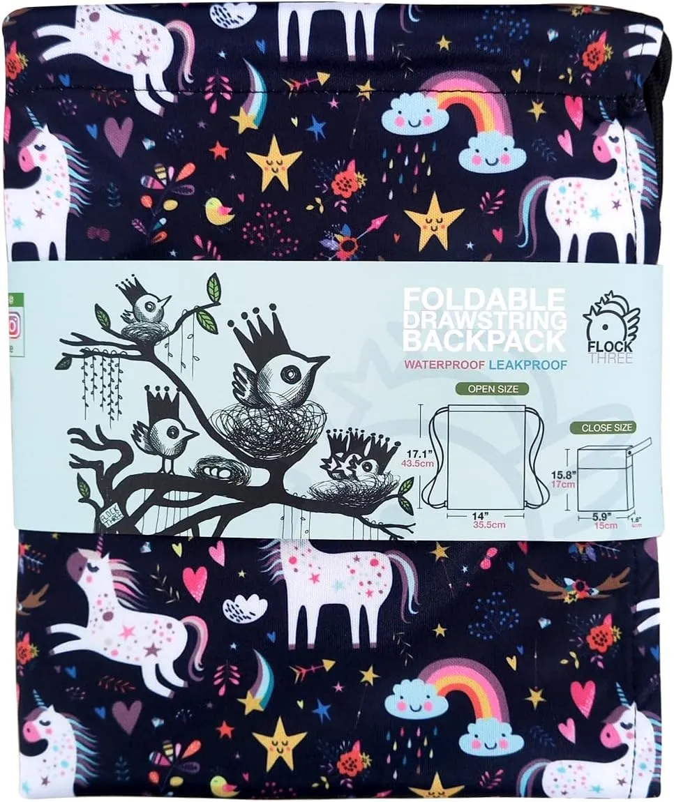 FLOCK THREE Leakproof Drawstring Backpack Sports Gym Bag Large Capacity With Pocket for Sports Gym Travel Swimming Beach (Unicorns)