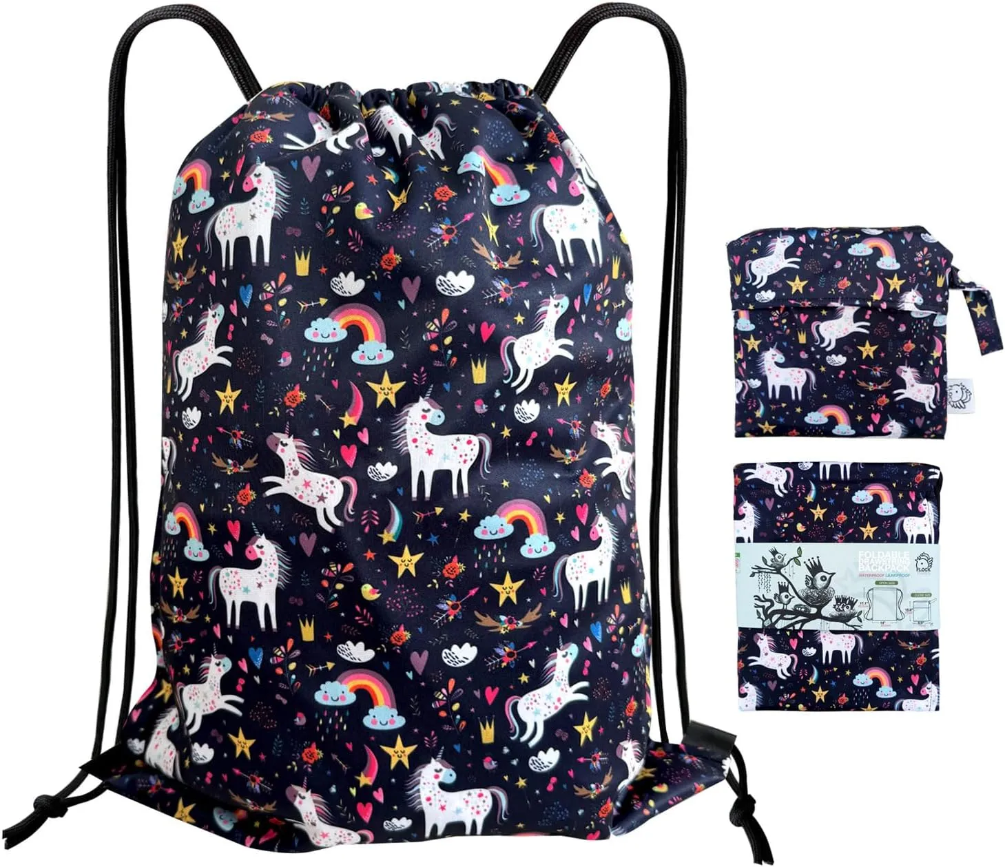FLOCK THREE Leakproof Drawstring Backpack Sports Gym Bag Large Capacity With Pocket for Sports Gym Travel Swimming Beach (Unicorns)