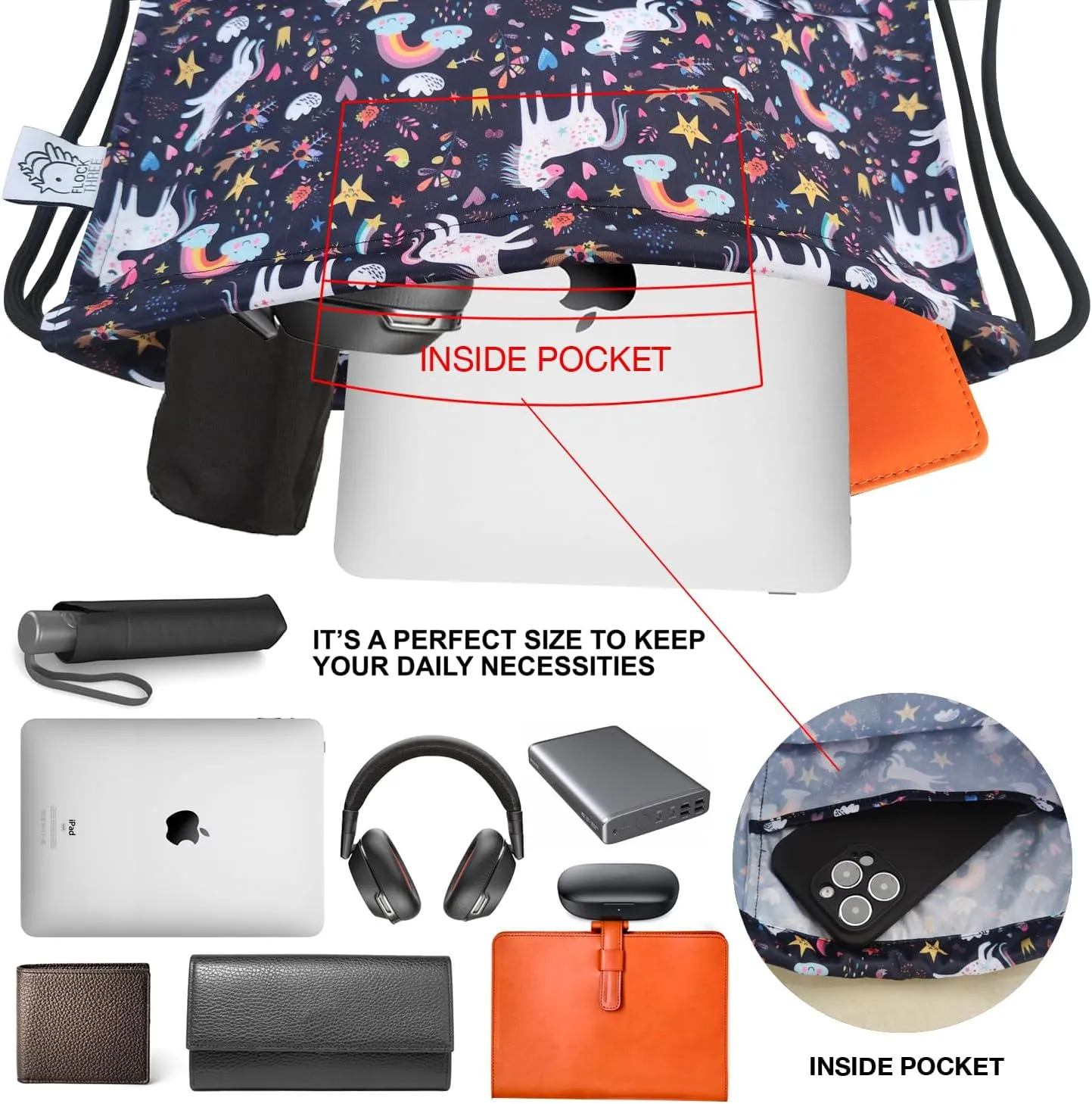 FLOCK THREE Leakproof Drawstring Backpack Sports Gym Bag Large Capacity With Pocket for Sports Gym Travel Swimming Beach (Unicorns)