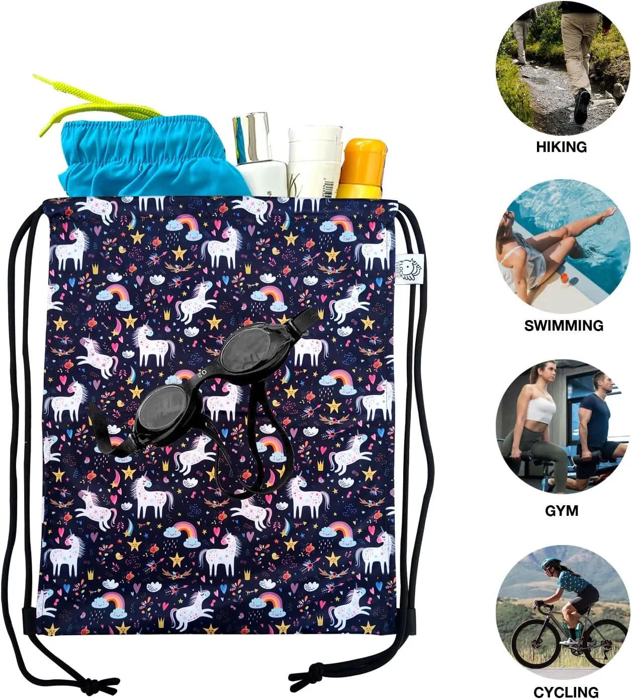 FLOCK THREE Leakproof Drawstring Backpack Sports Gym Bag Large Capacity With Pocket for Sports Gym Travel Swimming Beach (Unicorns)
