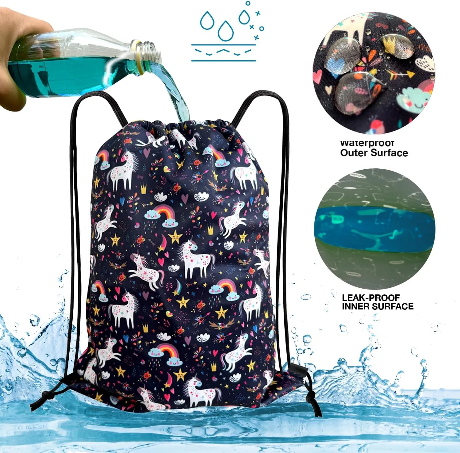 FLOCK THREE Leakproof Drawstring Backpack Sports Gym Bag Large Capacity With Pocket for Sports Gym Travel Swimming Beach (Unicorns)