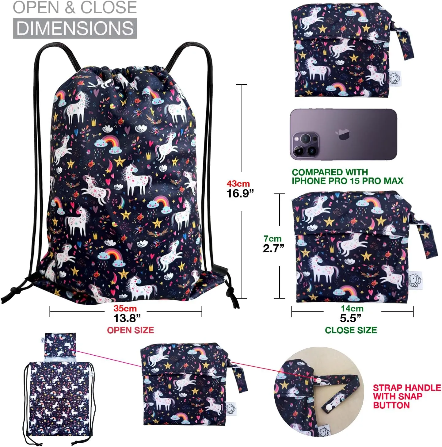 FLOCK THREE Leakproof Drawstring Backpack Sports Gym Bag Large Capacity With Pocket for Sports Gym Travel Swimming Beach (Unicorns)