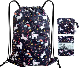 FLOCK THREE Leakproof Drawstring Backpack Sports Gym Bag Large Capacity With Pocket for Sports Gym Travel Swimming Beach (Unicorns)