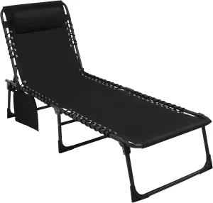Foldable Chaise Lounge Chair with Detachable Pillow & Pocket, Outdoor Portable Tanning Chair with 4 Position Adjustable Back, Patio, Beach and Pool, Black