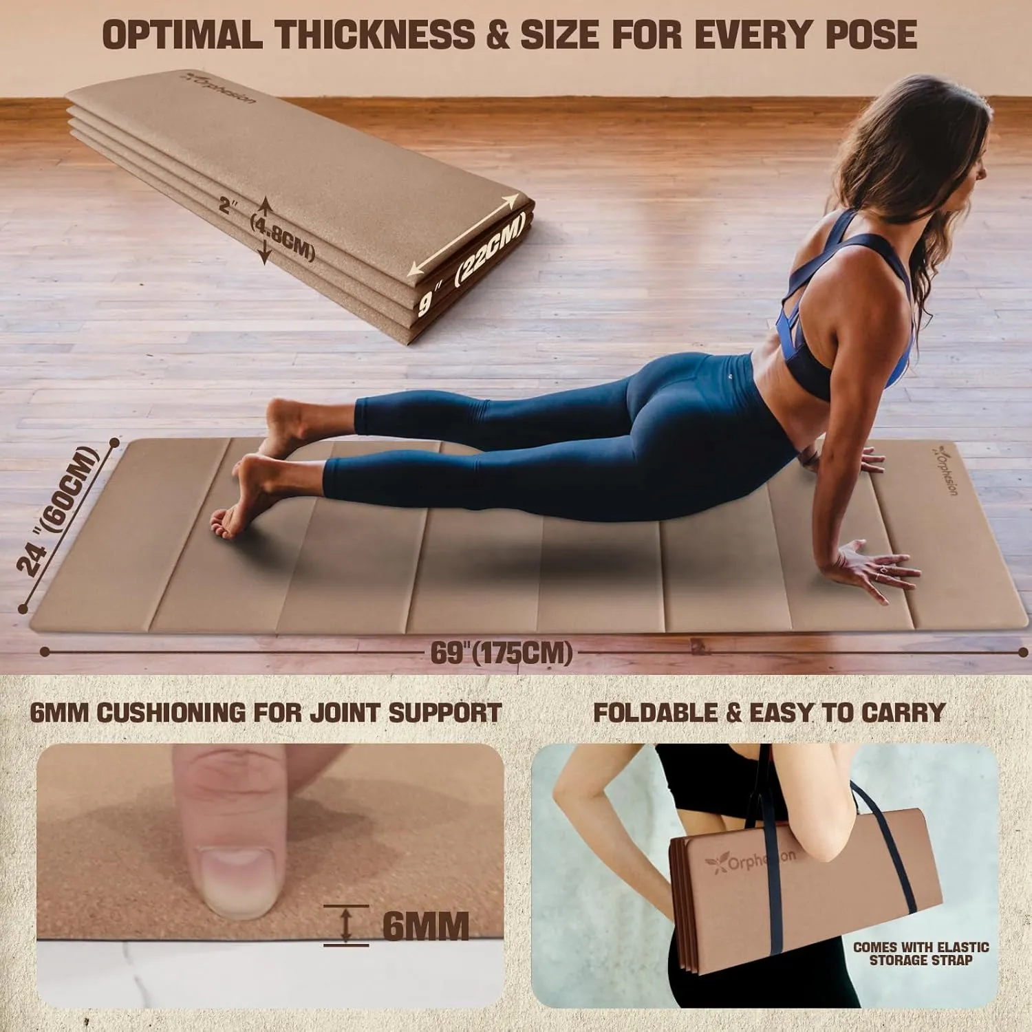 Foldable Yoga Mat Lightweight Packable Travel Mat Non slip Folding Exercise Mat Easy to Store Pilates Workout Mat 0.24"(6mm) with Carrying Strap