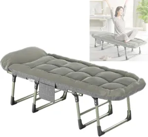 Folding Bed with Thick Cotton Mattress, 6-Position Adjustable with Side Pocket Single Person Portable Cot Chair for Bedroom Living Room Office, Outdoor Foldable Camping Cot(190 * 65 * 33cm)