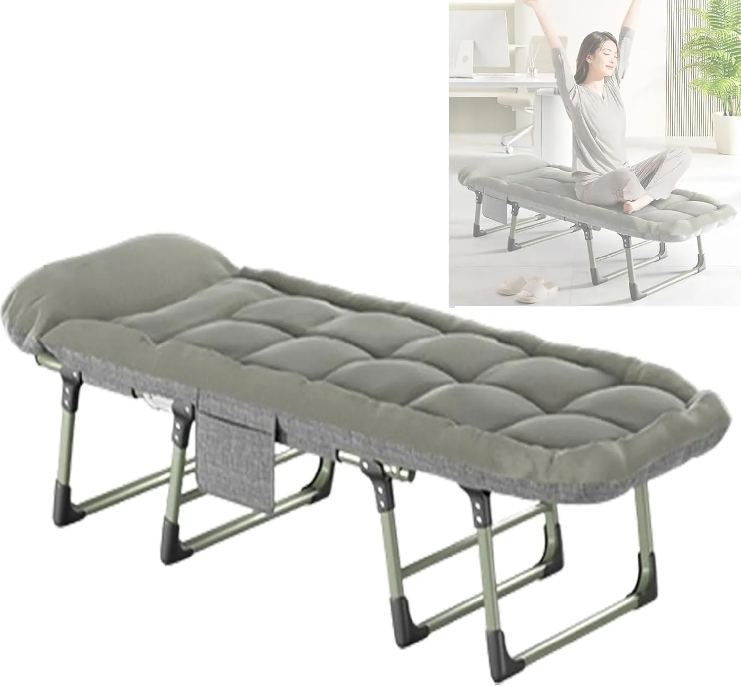Folding Bed with Thick Cotton Mattress, 6-Position Adjustable with Side Pocket Single Person Portable Cot Chair for Bedroom Living Room Office, Outdoor Foldable Camping Cot(190 * 65 * 33cm)
