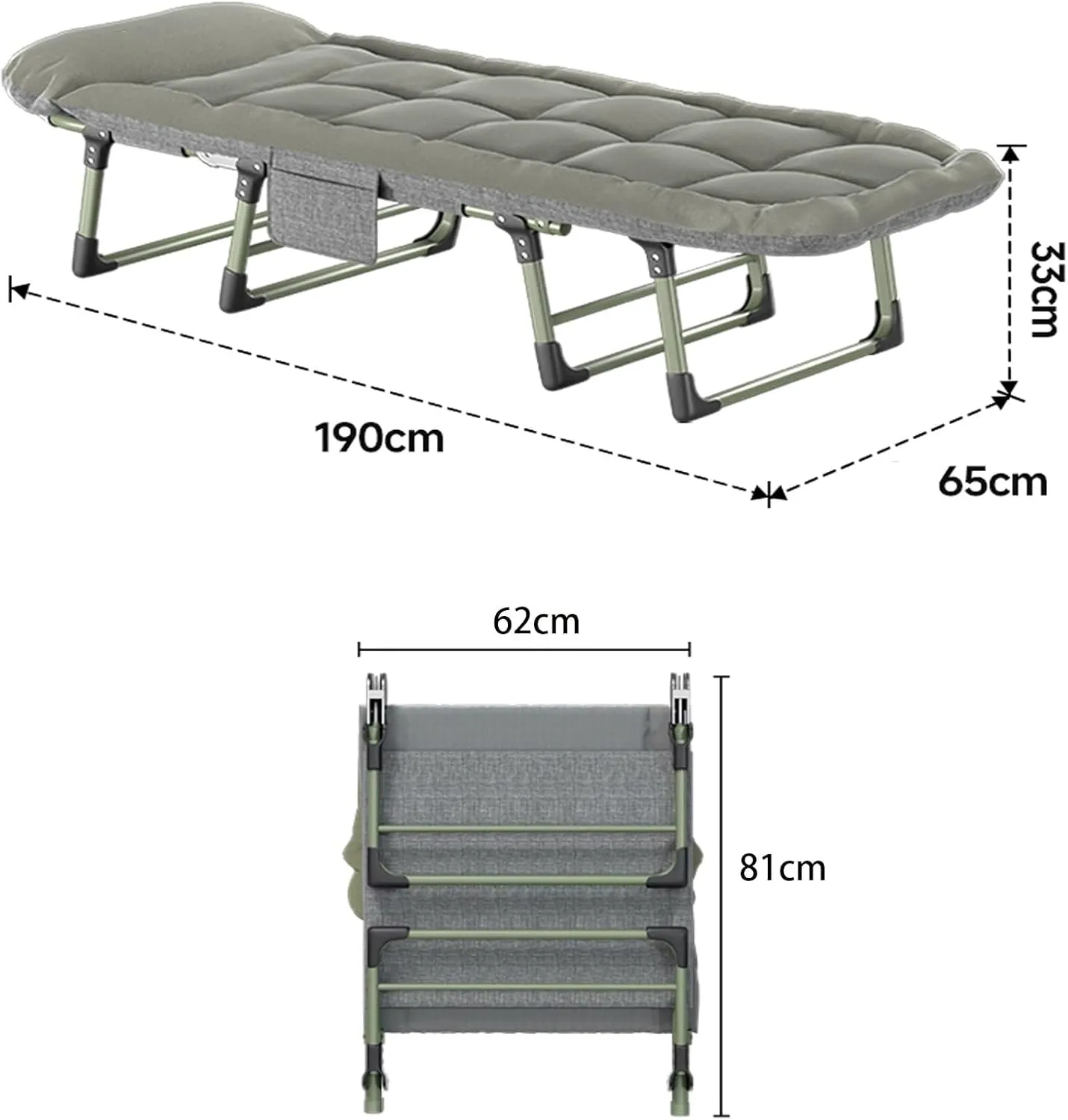 Folding Bed with Thick Cotton Mattress, 6-Position Adjustable with Side Pocket Single Person Portable Cot Chair for Bedroom Living Room Office, Outdoor Foldable Camping Cot(190 * 65 * 33cm)