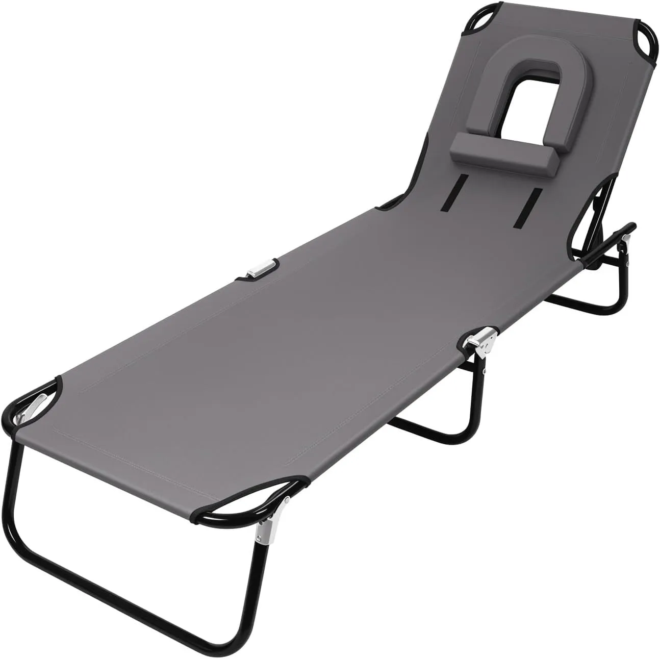 Folding Camping Cot for Adults, Reclining Folding Chaise for Indoor Outdoor Travel, Heavy Duty Lounger Chair with Face Hole, Height Adjustable, Sunbathing Chair for Patio Poolside Lawn Beach