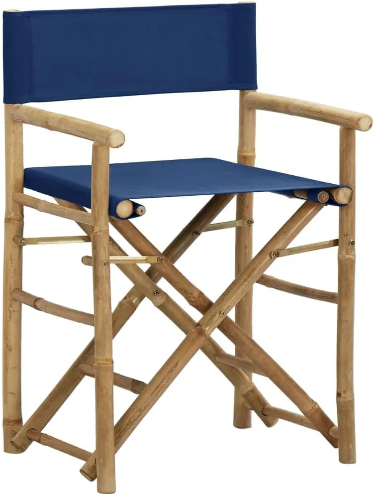 Folding Director's Chairs 2 Pack Blue Bamboo and Fabric Outdoor Patio Furniture for Camping Beach Poolside Lounge