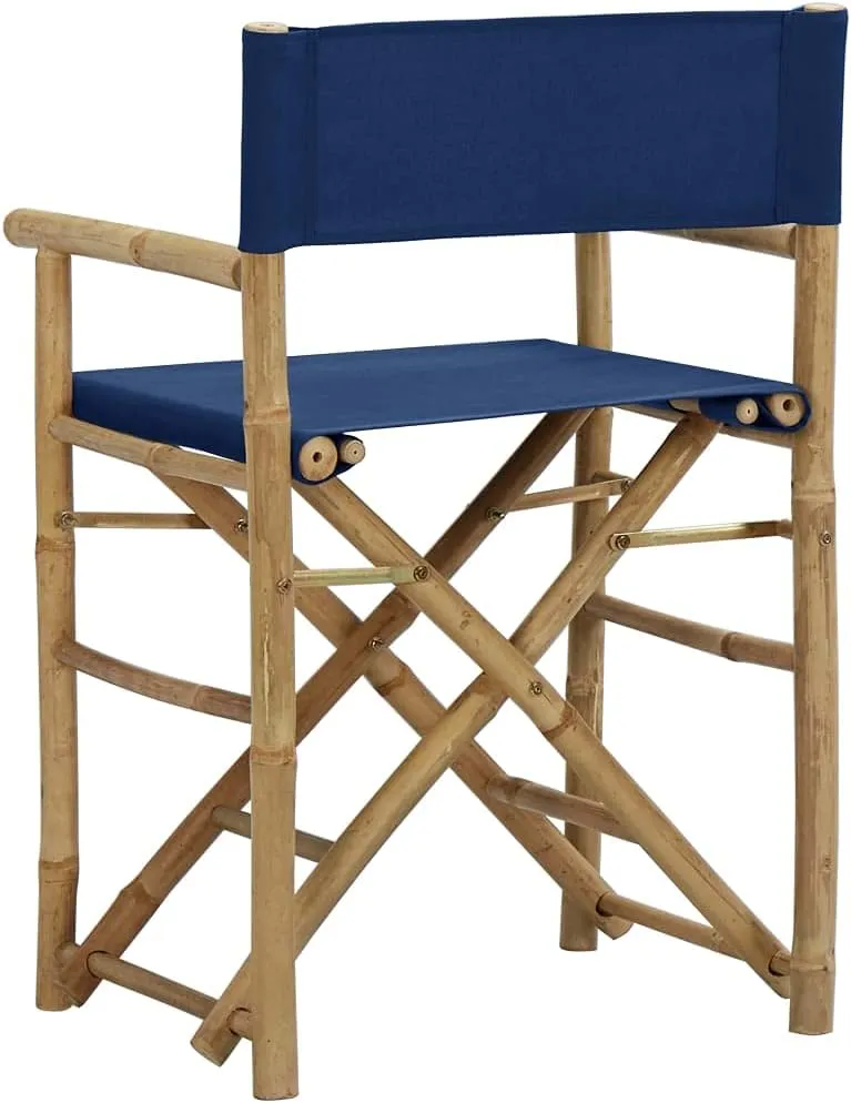 Folding Director's Chairs 2 Pack Blue Bamboo and Fabric Outdoor Patio Furniture for Camping Beach Poolside Lounge