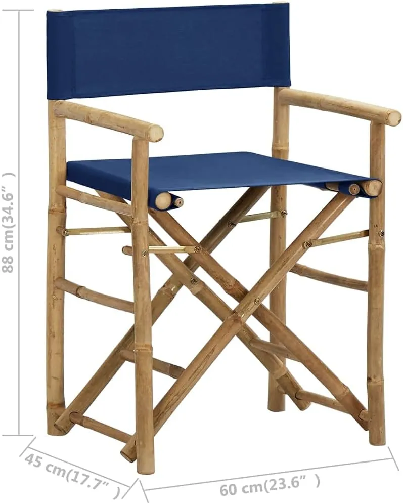 Folding Director's Chairs 2 Pack Blue Bamboo and Fabric Outdoor Patio Furniture for Camping Beach Poolside Lounge