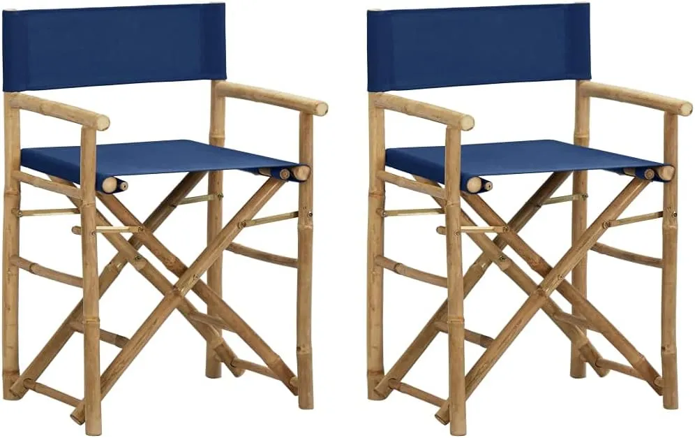 Folding Director's Chairs 2 Pack Blue Bamboo and Fabric Outdoor Patio Furniture for Camping Beach Poolside Lounge