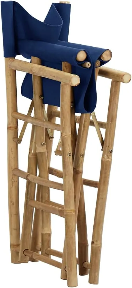 Folding Director's Chairs 2 Pack Blue Bamboo and Fabric Outdoor Patio Furniture for Camping Beach Poolside Lounge