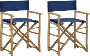 Folding Director's Chairs 2 Pack Blue Bamboo and Fabric Outdoor Patio Furniture for Camping Beach Poolside Lounge