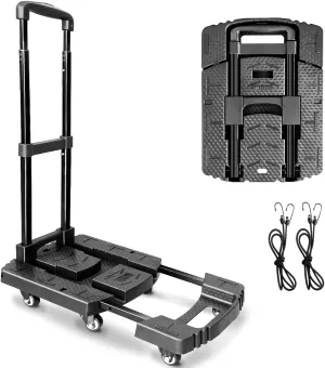 Folding Hand Truck,VDHU 650 LB Heavy Duty Luggage Cart,Portable 6 Wheels Collapsible Dolly Platform Cart with 2 Elastic Ropes for Airport, Travel, Moving, Shopping, Office Use